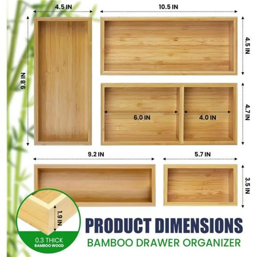 Bamboo drawer organizer set of 5 wooden storage trays kitchen desk vanity makeup